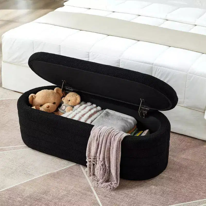Okak Banc pouf de rangement ovale moderne avec charnière de sécurité, banc d'entrée rembourré, banc de pied de lit pour salon, entrée