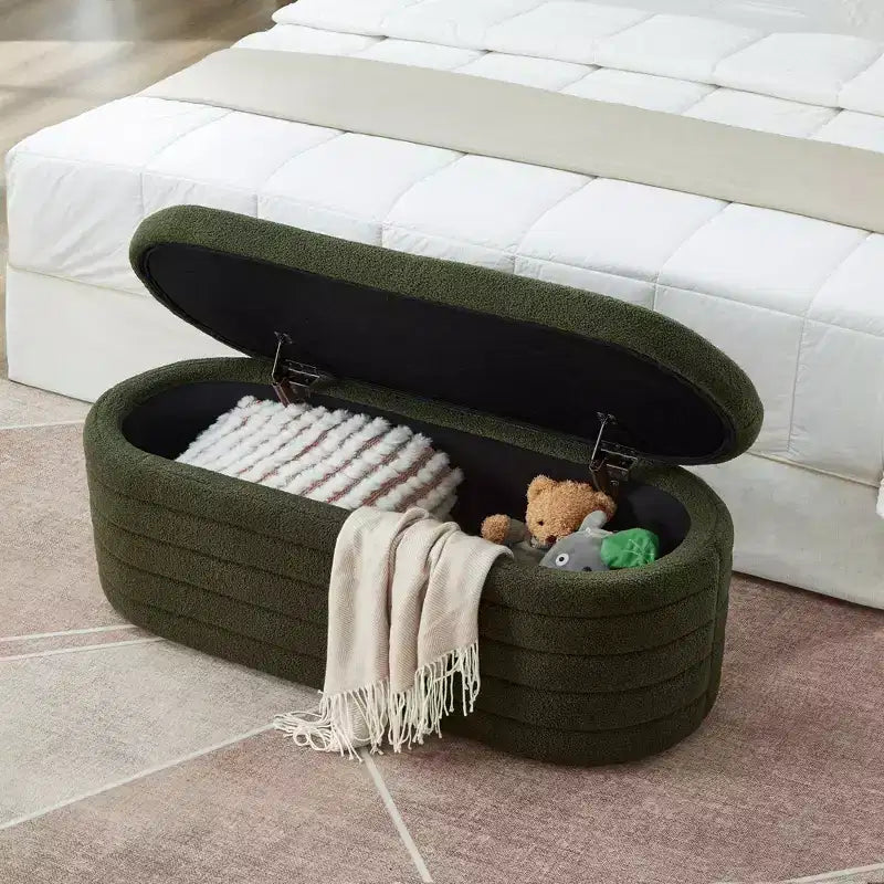 Okak Banc pouf de rangement ovale moderne avec charnière de sécurité, banc d'entrée rembourré, banc de pied de lit pour salon, entrée