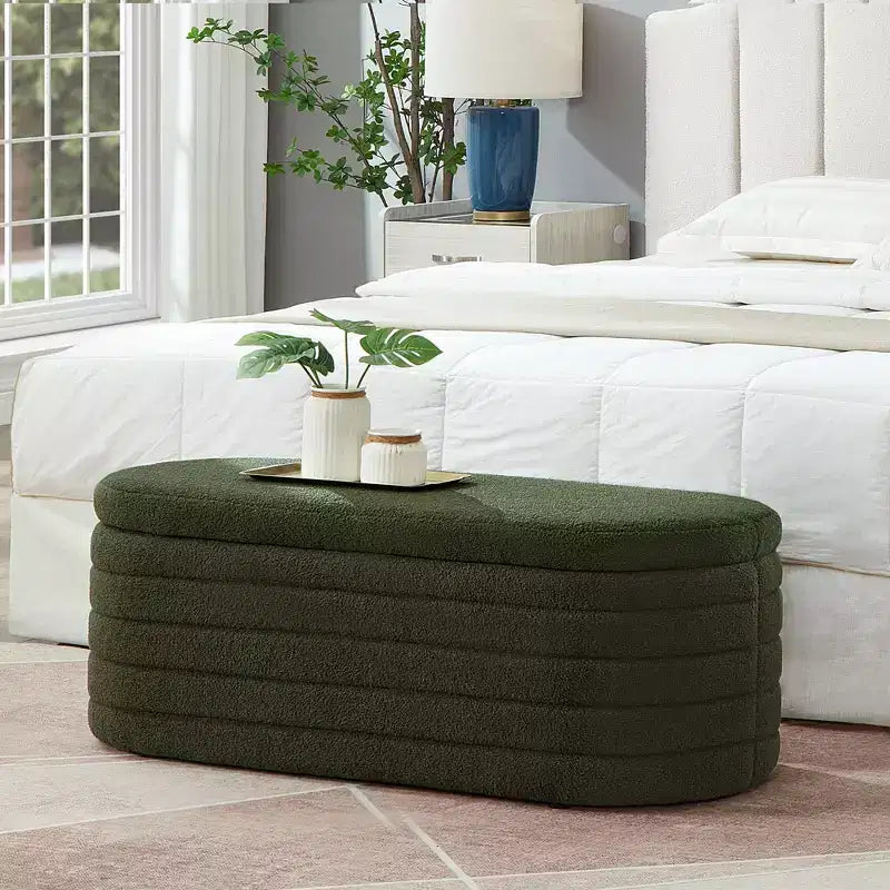 Okak Banc pouf de rangement ovale moderne avec charnière de sécurité, banc d'entrée rembourré, banc de pied de lit pour salon, entrée