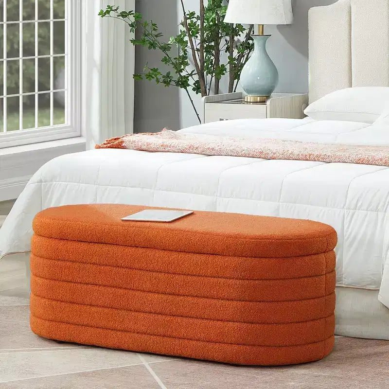 Okak Banc pouf de rangement ovale moderne avec charnière de sécurité, banc d'entrée rembourré, banc de pied de lit pour salon, entrée