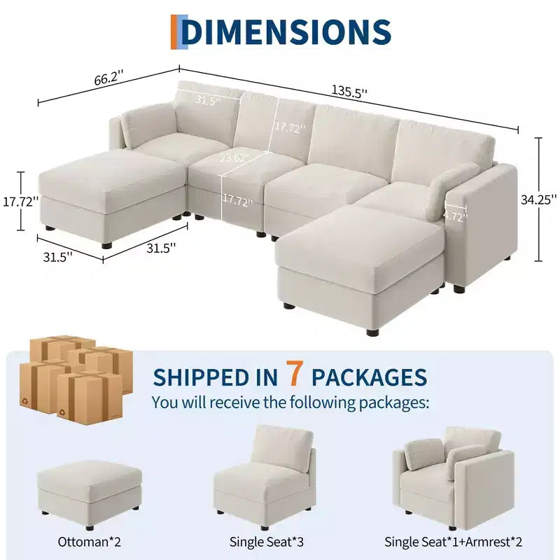 Canapé sectionnel modulable surdimensionné, canapé 4/6 places, 104 L/136 U en forme de U avec pouf mobile, canapé modulable convertible pour salon