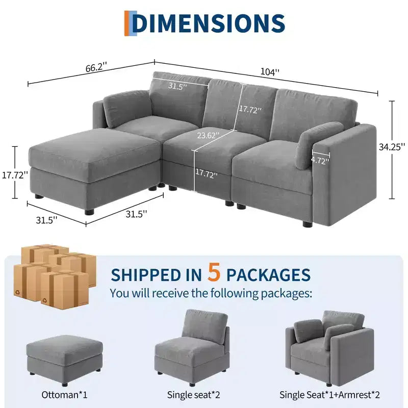 Canapé sectionnel modulable surdimensionné, canapé 4/6 places, 104 L/136 U en forme de U avec pouf mobile, canapé modulable convertible pour salon