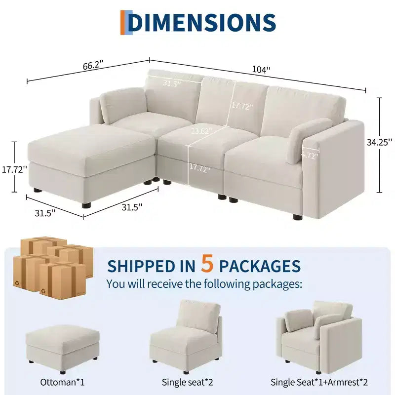 Canapé sectionnel modulable surdimensionné, canapé 4/6 places, 104 L/136 U en forme de U avec pouf mobile, canapé modulable convertible pour salon