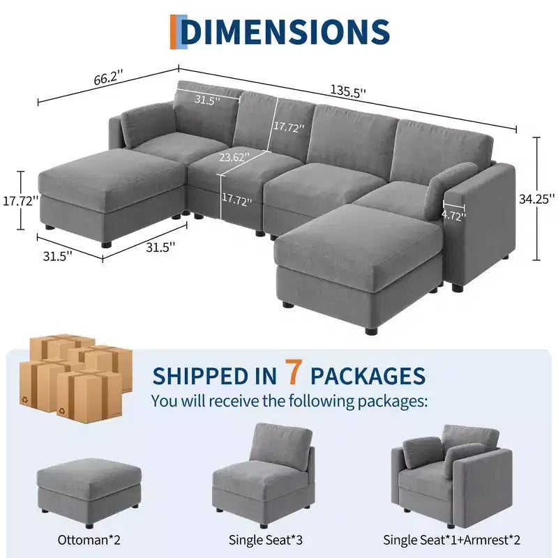 Canapé sectionnel modulable surdimensionné, canapé 4/6 places, 104 L/136 U en forme de U avec pouf mobile, canapé modulable convertible pour salon