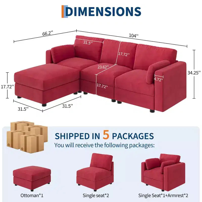 Canapé sectionnel modulable surdimensionné, canapé 4/6 places, 104 L/136 U en forme de U avec pouf mobile, canapé modulable convertible pour salon