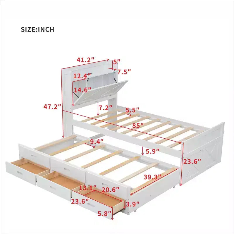 Whisen Lit Twin en bois, cadre de lit extensible avec lit gigogne Twin, tête de lit de rangement, trois tiroirs