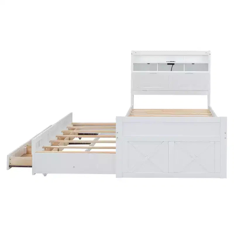 Whisen Lit Twin en bois, cadre de lit extensible avec lit gigogne Twin, tête de lit de rangement, trois tiroirs