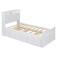 Whisen Lit Twin en bois, cadre de lit extensible avec lit gigogne Twin, tête de lit de rangement, trois tiroirs