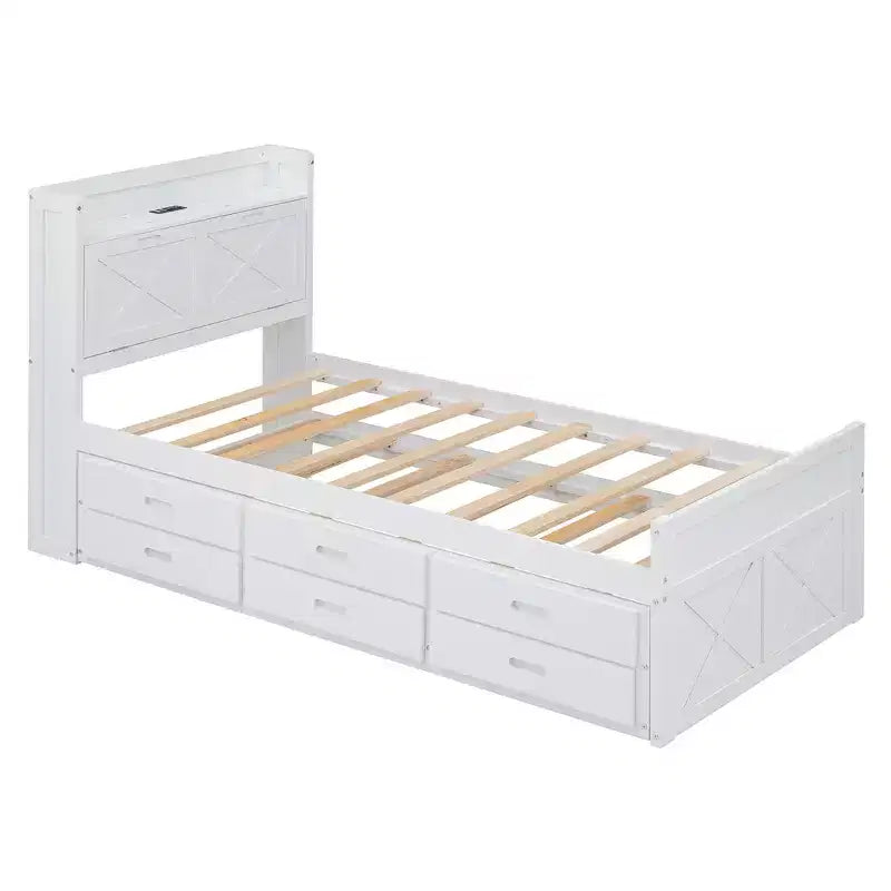 Whisen Lit Twin en bois, cadre de lit extensible avec lit gigogne Twin, tête de lit de rangement, trois tiroirs