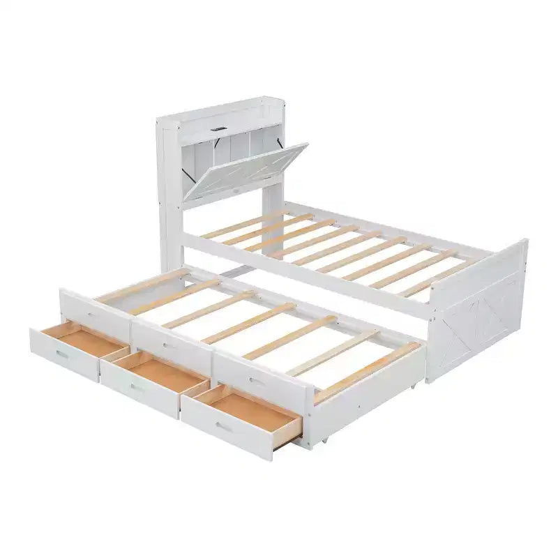 Whisen Lit Twin en bois, cadre de lit extensible avec lit gigogne Twin, tête de lit de rangement, trois tiroirs