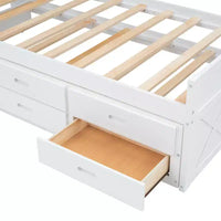 Whisen Lit Twin en bois, cadre de lit extensible avec lit gigogne Twin, tête de lit de rangement, trois tiroirs