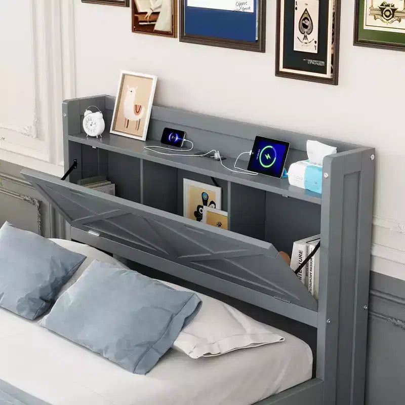 Whisen Lit Twin en bois, cadre de lit extensible avec lit gigogne Twin, tête de lit de rangement, trois tiroirs