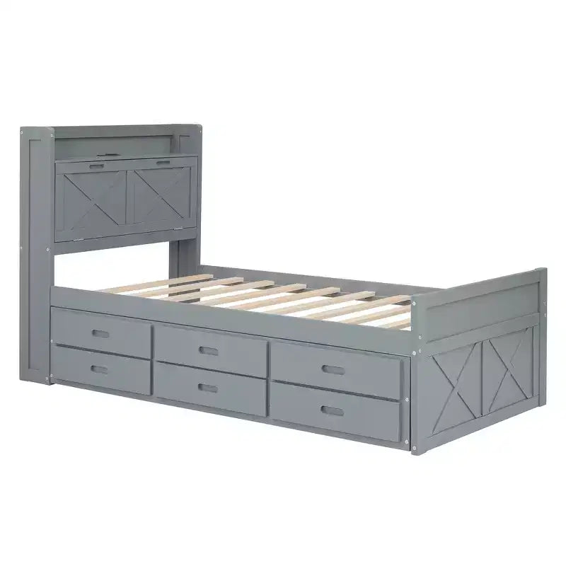 Whisen Lit Twin en bois, cadre de lit extensible avec lit gigogne Twin, tête de lit de rangement, trois tiroirs