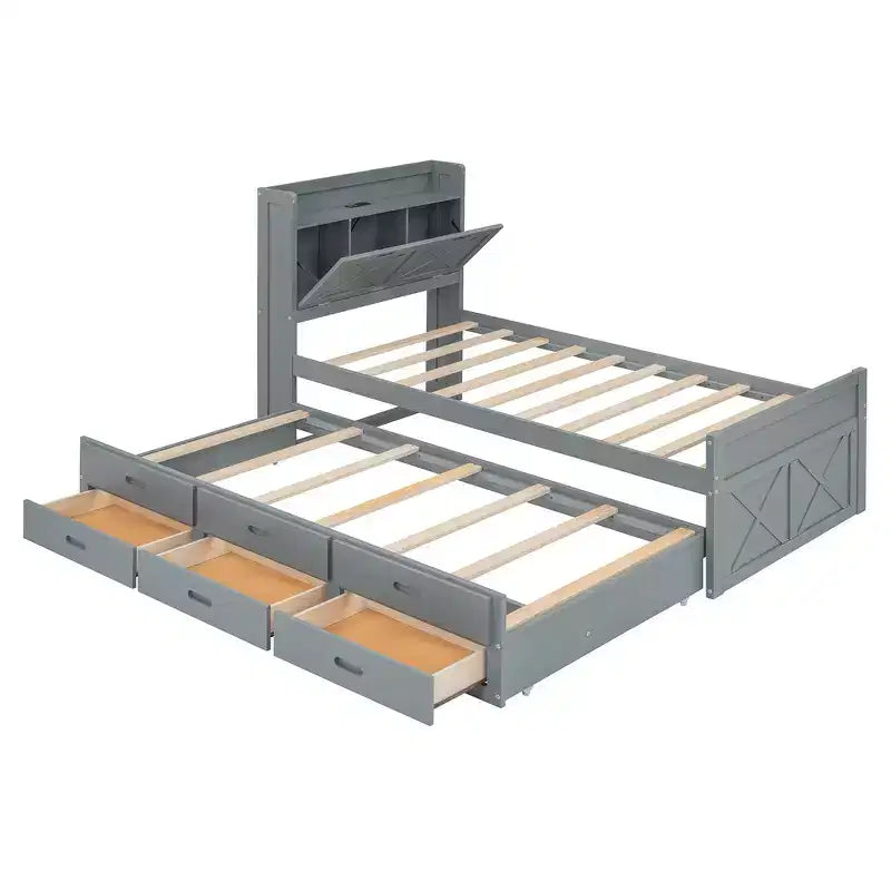Whisen Lit Twin en bois, cadre de lit extensible avec lit gigogne Twin, tête de lit de rangement, trois tiroirs