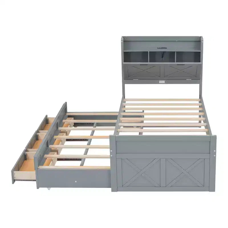 Whisen Lit Twin en bois, cadre de lit extensible avec lit gigogne Twin, tête de lit de rangement, trois tiroirs