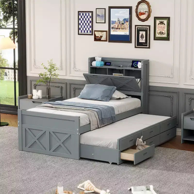 Whisen Lit Twin en bois, cadre de lit extensible avec lit gigogne Twin, tête de lit de rangement, trois tiroirs
