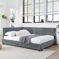 Cadre de lit capitonné pleine grandeur MAYEERTY avec dossier confortable et accoudoirs pour chambre à coucher ou salon, gris