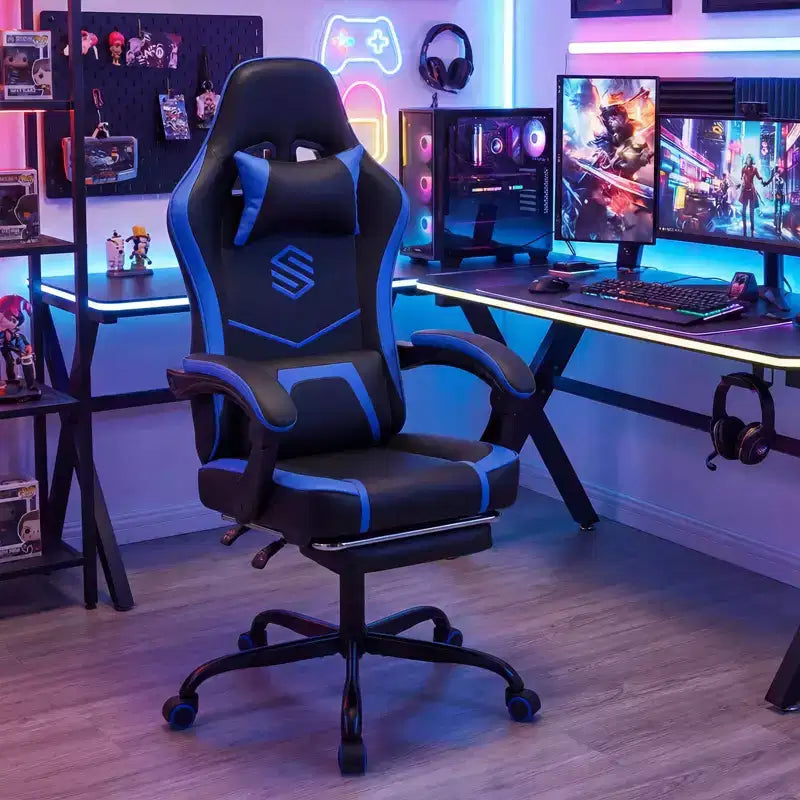 Chaise gaming Costway avec appui-tête, soutien lombaire, accoudoirs à articulation, dossier inclinable, noir et blanc/bleu marine et noir