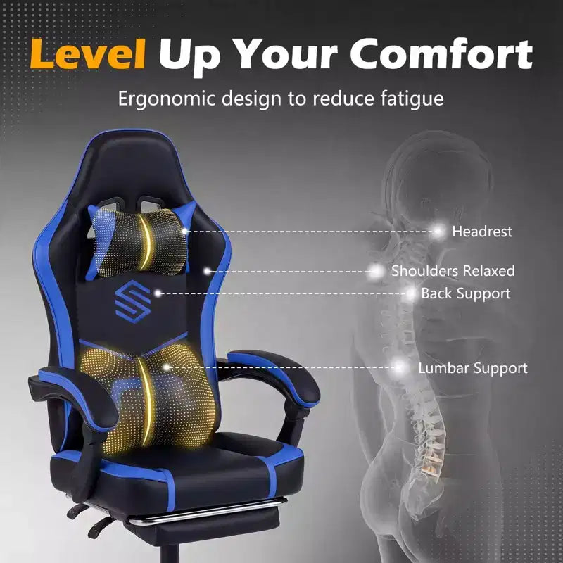 Chaise gaming Costway avec appui-tête, soutien lombaire, accoudoirs à articulation, dossier inclinable, noir et blanc/bleu marine et noir