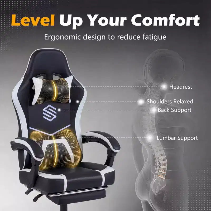 Chaise gaming Costway avec appui-tête, soutien lombaire, accoudoirs à articulation, dossier inclinable, noir et blanc/bleu marine et noir