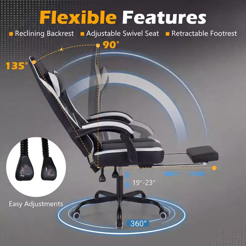 Chaise gaming Costway avec appui-tête, soutien lombaire, accoudoirs à articulation, dossier inclinable, noir et blanc/bleu marine et noir