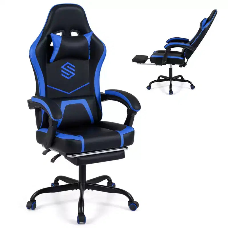 Chaise gaming Costway avec appui-tête, soutien lombaire, accoudoirs à articulation, dossier inclinable, noir et blanc/bleu marine et noir