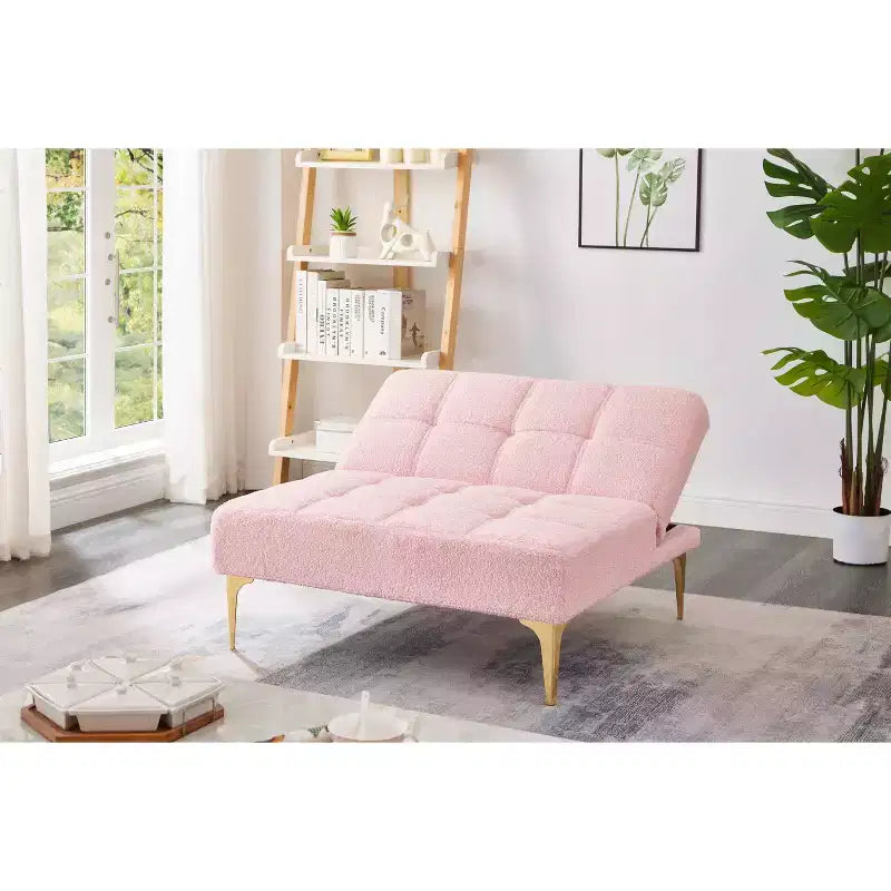 MAYEERTY futon confortable une place en tissu teddy, pieds en métal doré, mousse et ressorts pour salon, rose
