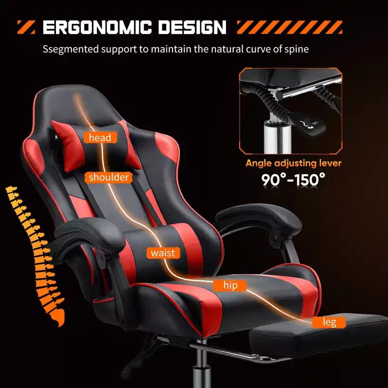 TUYOHW Chaise de jeu ergonomique avec repose-pieds, fauteuil inclinable en cuir PU avec appui-tête et accoudoir fixe relevé, chaise d'ordinateur pour études, bureau
