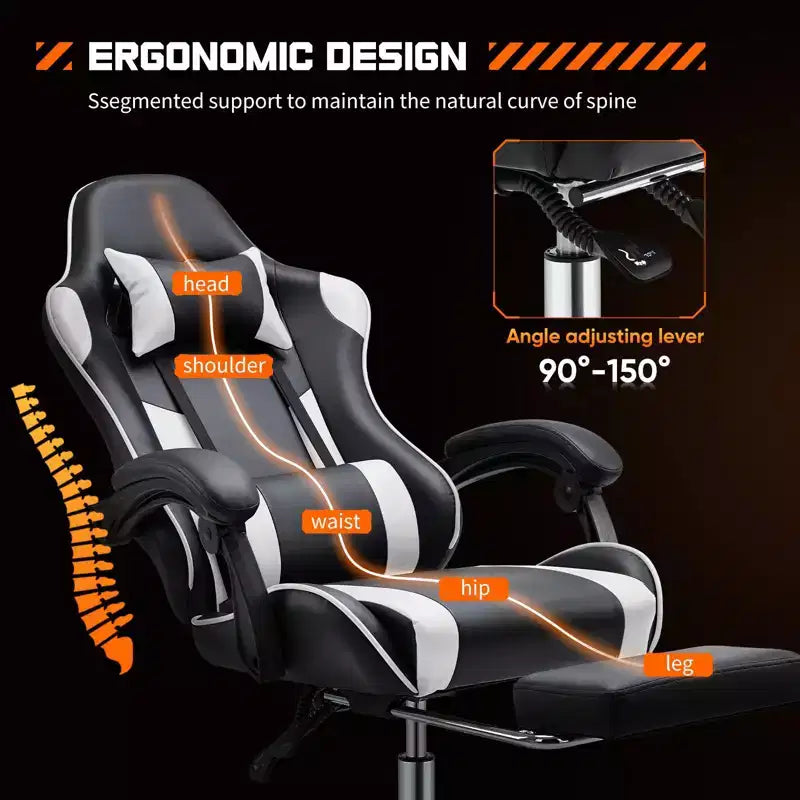 TUYOHW Chaise de jeu ergonomique avec repose-pieds, fauteuil inclinable en cuir PU avec appui-tête et accoudoir fixe relevé, chaise d'ordinateur pour études, bureau