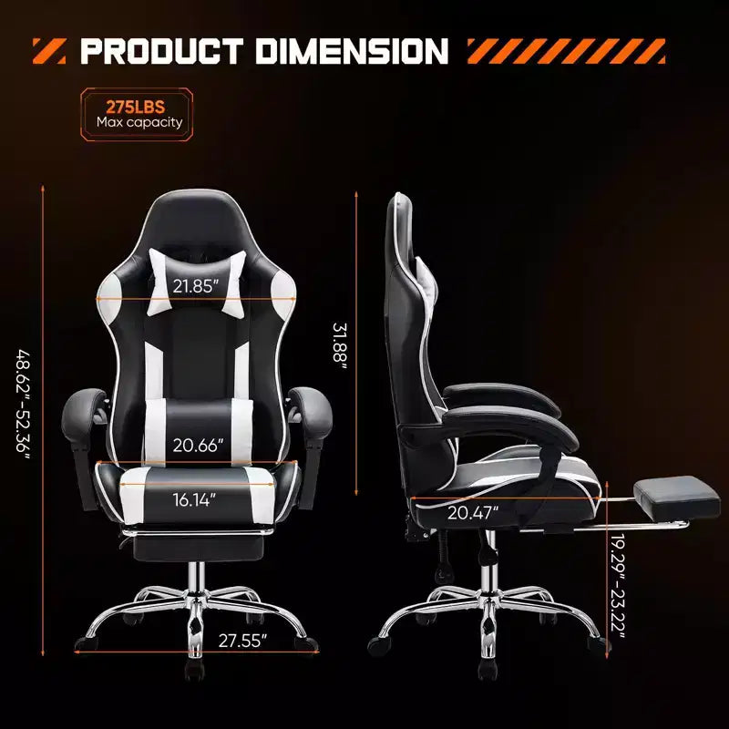 TUYOHW Chaise de jeu ergonomique avec repose-pieds, fauteuil inclinable en cuir PU avec appui-tête et accoudoir fixe relevé, chaise d'ordinateur pour études, bureau