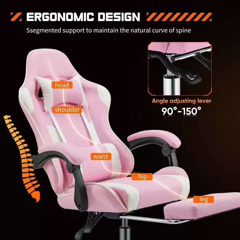 TUYOHW Chaise de jeu ergonomique avec repose-pieds, fauteuil inclinable en cuir PU avec appui-tête et accoudoir fixe relevé, chaise d'ordinateur pour études, bureau