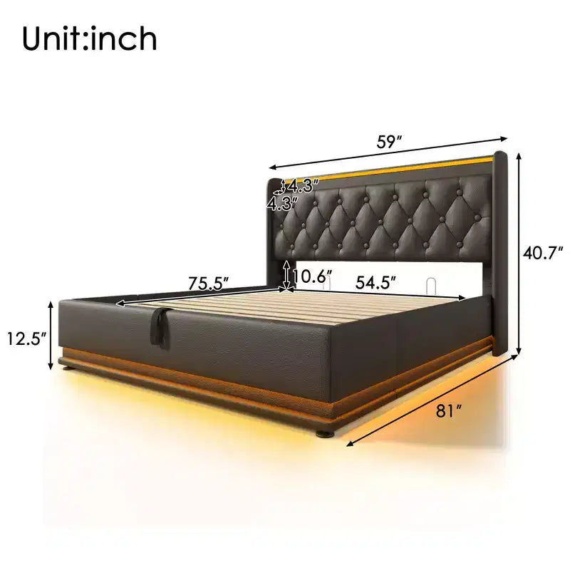 Lit rembourré Luxystar de taille standard avec rangement hydraulique, lumières RVB, ports USB et Type-C