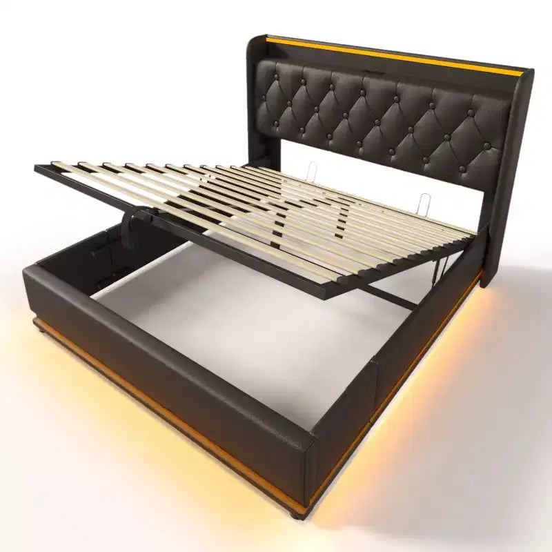 Lit rembourré Luxystar de taille standard avec rangement hydraulique, lumières RVB, ports USB et Type-C
