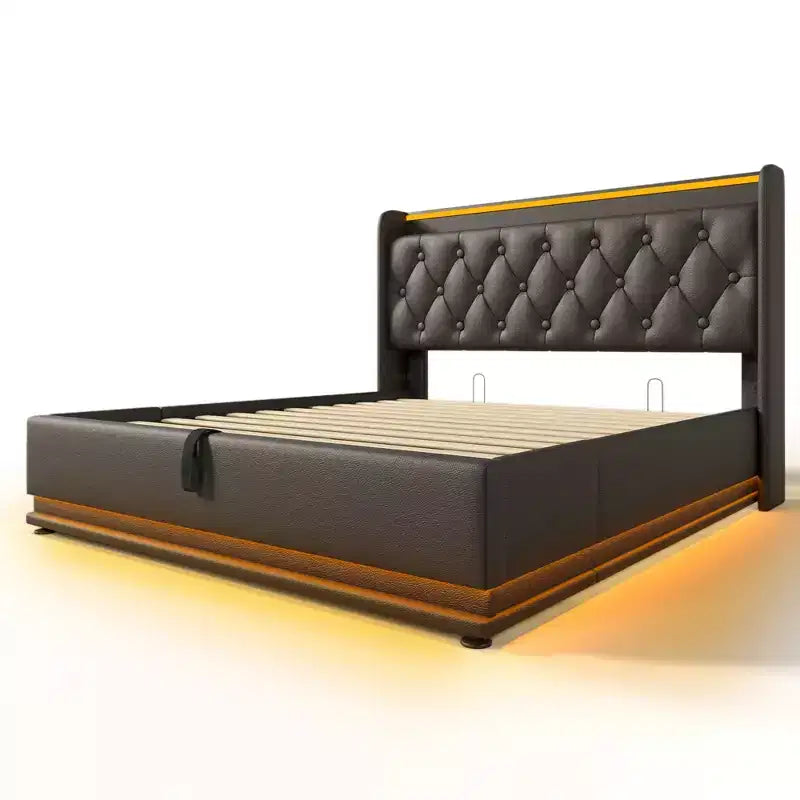 Lit rembourré Luxystar de taille standard avec rangement hydraulique, lumières RVB, ports USB et Type-C