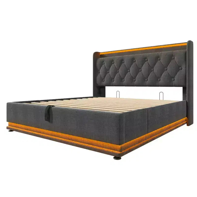 Lit rembourré Luxystar de taille standard avec rangement hydraulique, lumières RVB, ports USB et Type-C