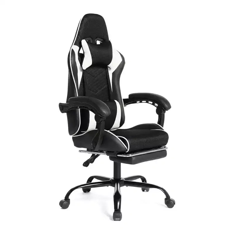 Chaise de Gaming Style Racing, Chaise E-sport Ergonomique avec Massage, Cuir PU, Mousse Moulée Haute Densité, Confortable et Sûre, Blanc