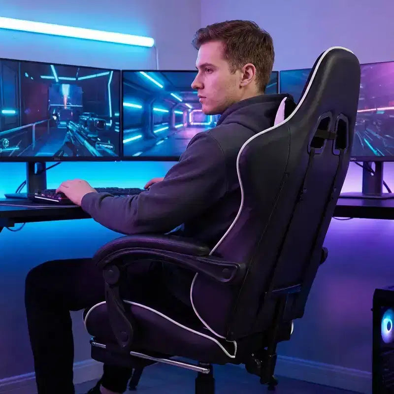 Chaise gaming de style course, chaise e-sport ergonomique avec massage, cuir PU, mousse moulée haute densité, confortable et sûre, blanc