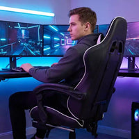 Chaise gaming de style course, chaise e-sport ergonomique avec massage, cuir PU, mousse moulée haute densité, confortable et sûre, blanc