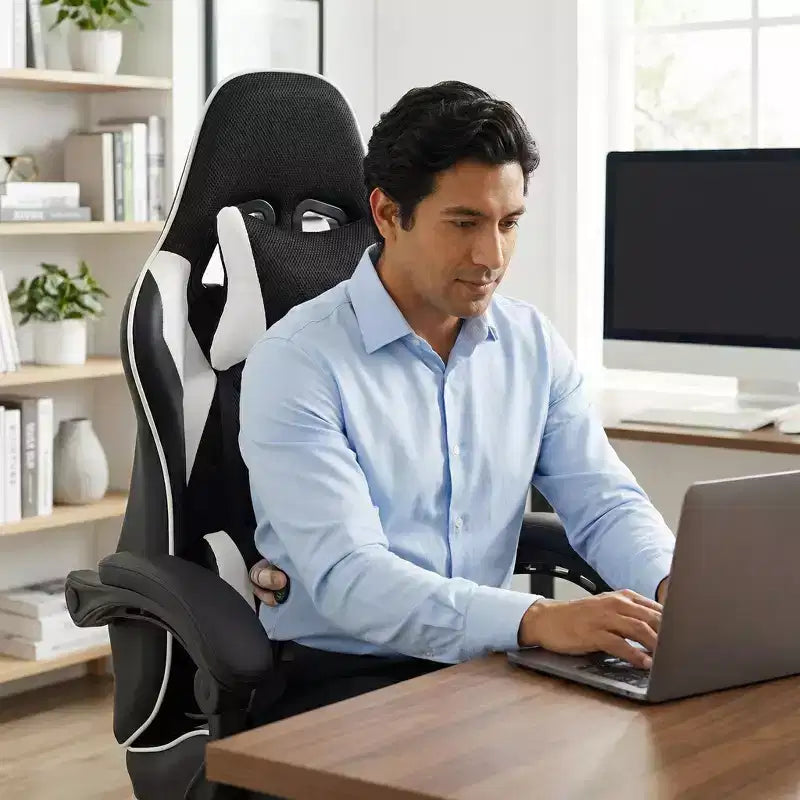 Chaise gaming de style course, chaise e-sport ergonomique avec massage, cuir PU, mousse moulée haute densité, confortable et sûre, blanc
