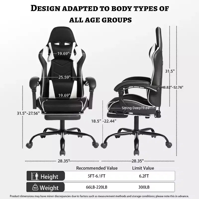 Chaise gaming de style course, chaise e-sport ergonomique avec massage, cuir PU, mousse moulée haute densité, confortable et sûre, blanc