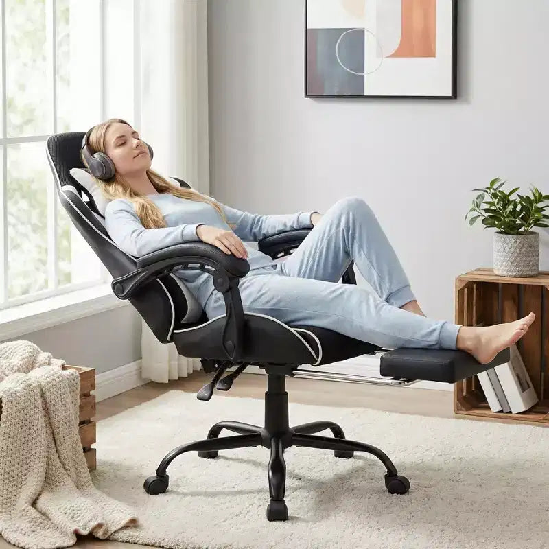 Chaise gaming de style course, chaise e-sport ergonomique avec massage, cuir PU, mousse moulée haute densité, confortable et sûre, blanc