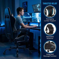 Chaise gaming de style course, chaise e-sport ergonomique avec massage, cuir PU, mousse moulée haute densité, confortable et sûre, blanc