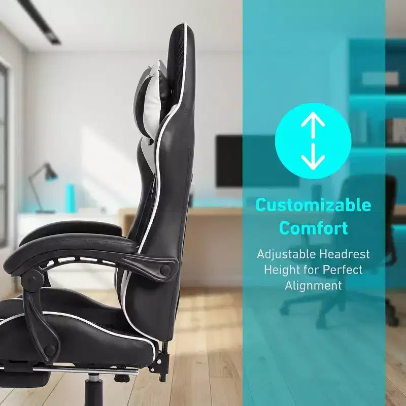 Chaise gaming de style course, chaise e-sport ergonomique avec massage, cuir PU, mousse moulée haute densité, confortable et sûre, blanc
