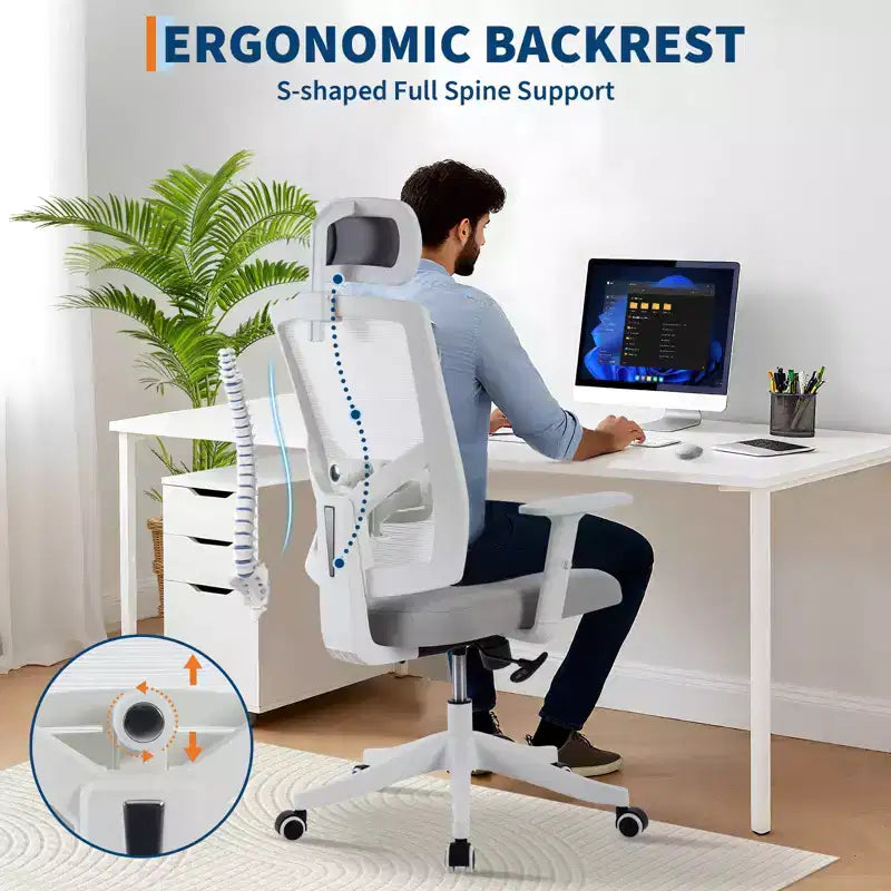 Chaise de bureau inclinable ergonomique, chaise à dossier haut en maille avec appui-tête réglable, soutien lombaire complet, chaise de bureau, chaise gamer