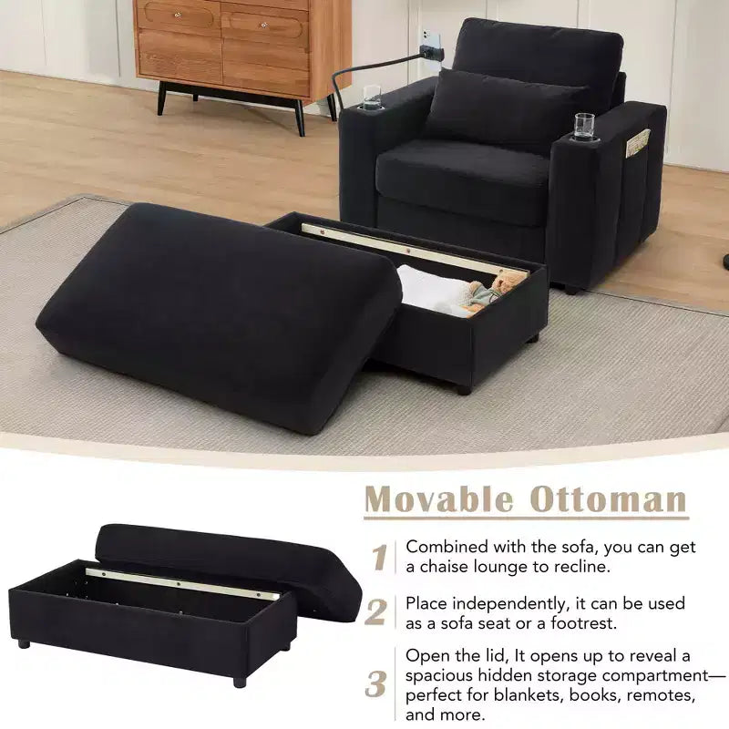 Fauteuil chaise longue MAYEERTY moderne 42.5 avec pouf de rangement amovible, ports, deux porte-gobelets, poches latérales pour salon, noir