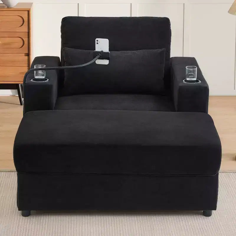 Fauteuil chaise longue MAYEERTY moderne 42.5 avec pouf de rangement amovible, ports, deux porte-gobelets, poches latérales pour salon, noir