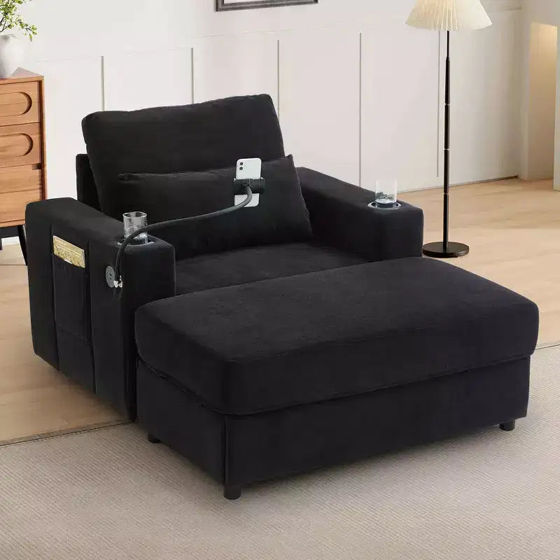 Fauteuil chaise longue MAYEERTY moderne 42.5 avec pouf de rangement amovible, ports, deux porte-gobelets, poches latérales pour salon, noir