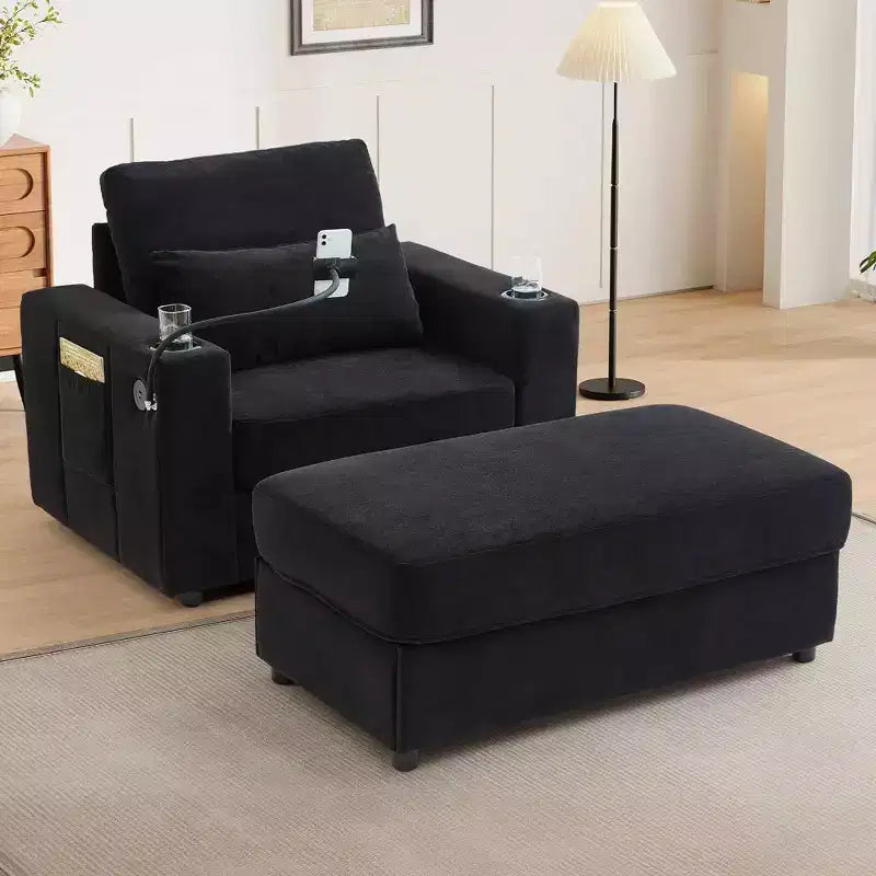 Fauteuil chaise longue MAYEERTY moderne 42.5 avec pouf de rangement amovible, ports, deux porte-gobelets, poches latérales pour salon, noir