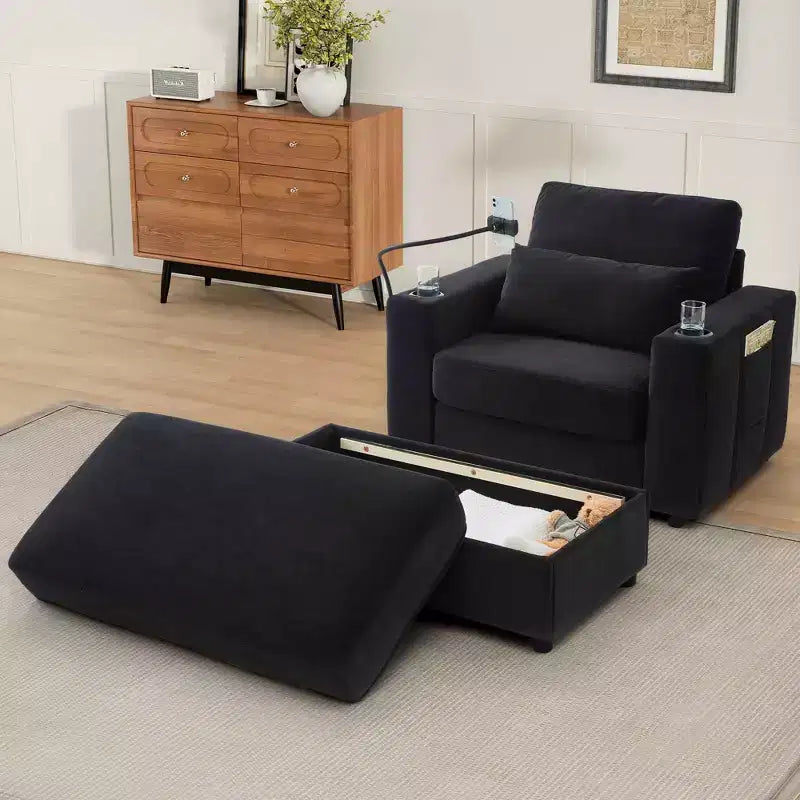 Fauteuil chaise longue MAYEERTY moderne 42.5 avec pouf de rangement amovible, ports, deux porte-gobelets, poches latérales pour salon, noir