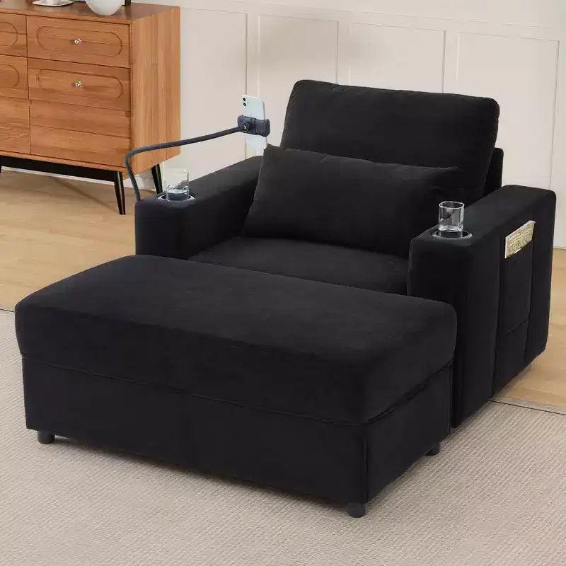 Fauteuil chaise longue MAYEERTY moderne 42.5 avec pouf de rangement amovible, ports, deux porte-gobelets, poches latérales pour salon, noir